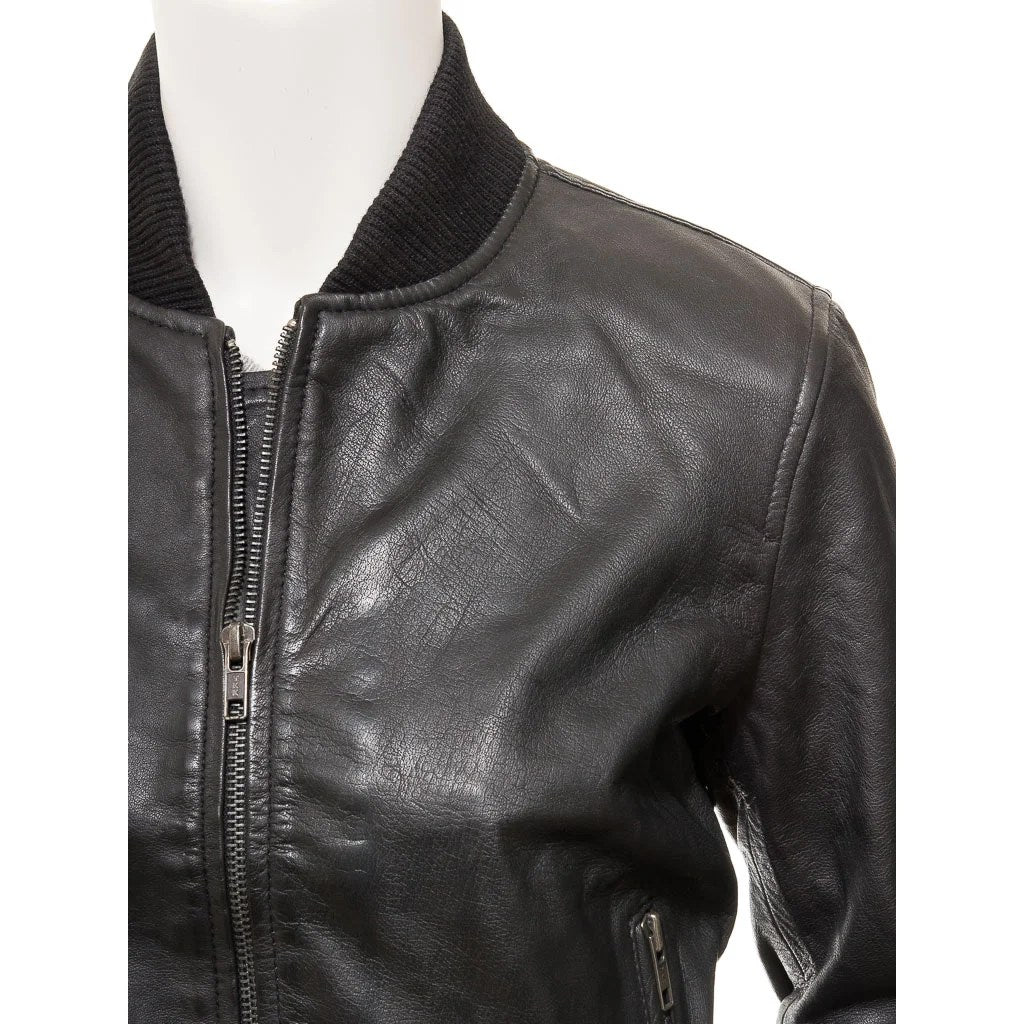 WOMEN BLACK LEATHER BOMBER JACKET RAIFORD