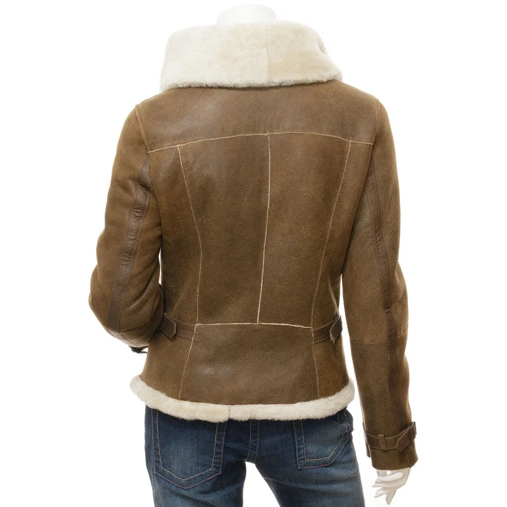 WOMEN TAN BIKER SHEEPSKIN LEATHER JACKET PROSPER