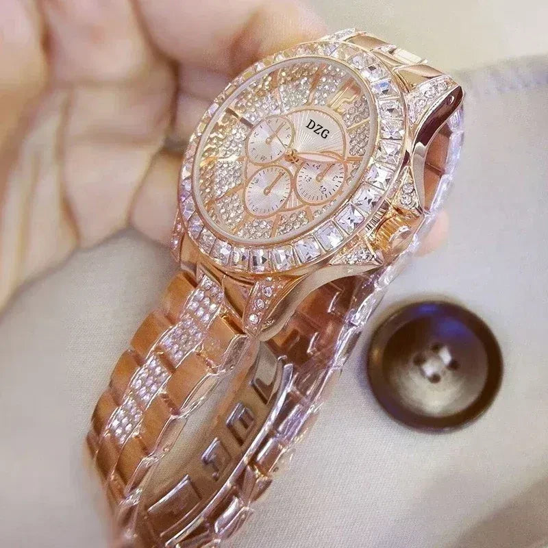 اللون: Rose - ساعة نسائية عصرية مرصعة بالألماس من أرقى الماركات الفاخرة