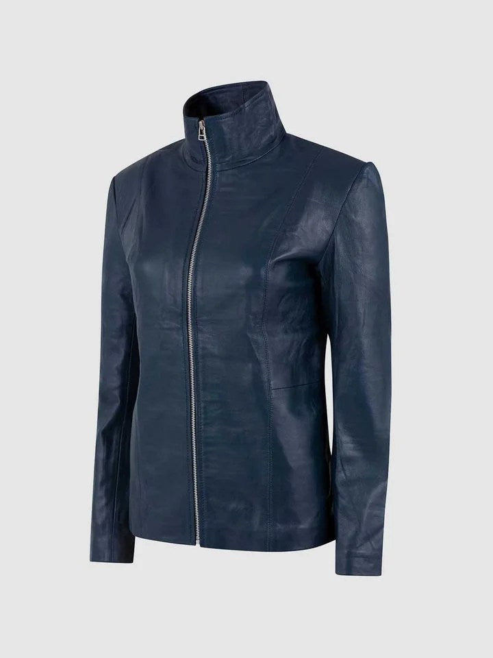 Women Blue High Collar Leather Jacket - Size - XS