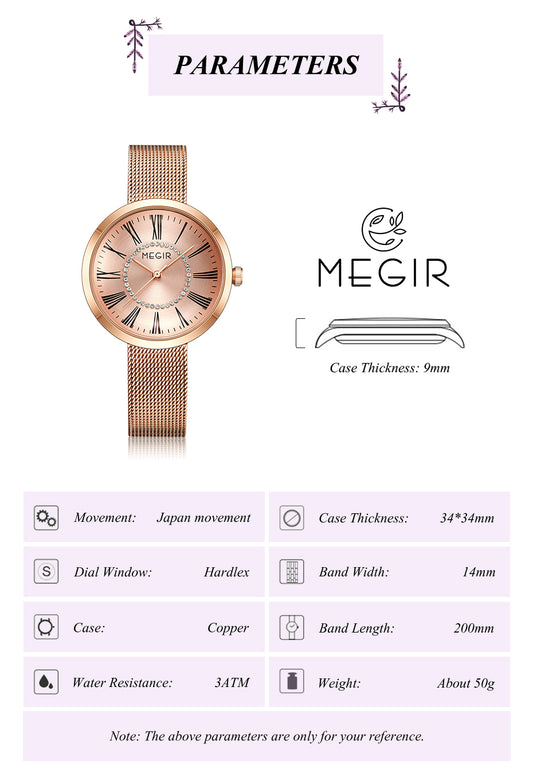 MEGIR Luxury Women Watches Fashion Quartz Watch Ladies Clock Stainless Steel Waterproof Female Watch Relogio Feminino 7014