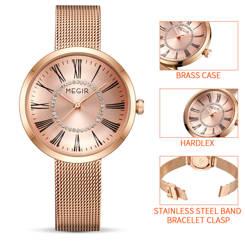 MEGIR Luxury Women Watches Fashion Quartz Watch Ladies Clock Stainless Steel Waterproof Female Watch Relogio Feminino 7014
