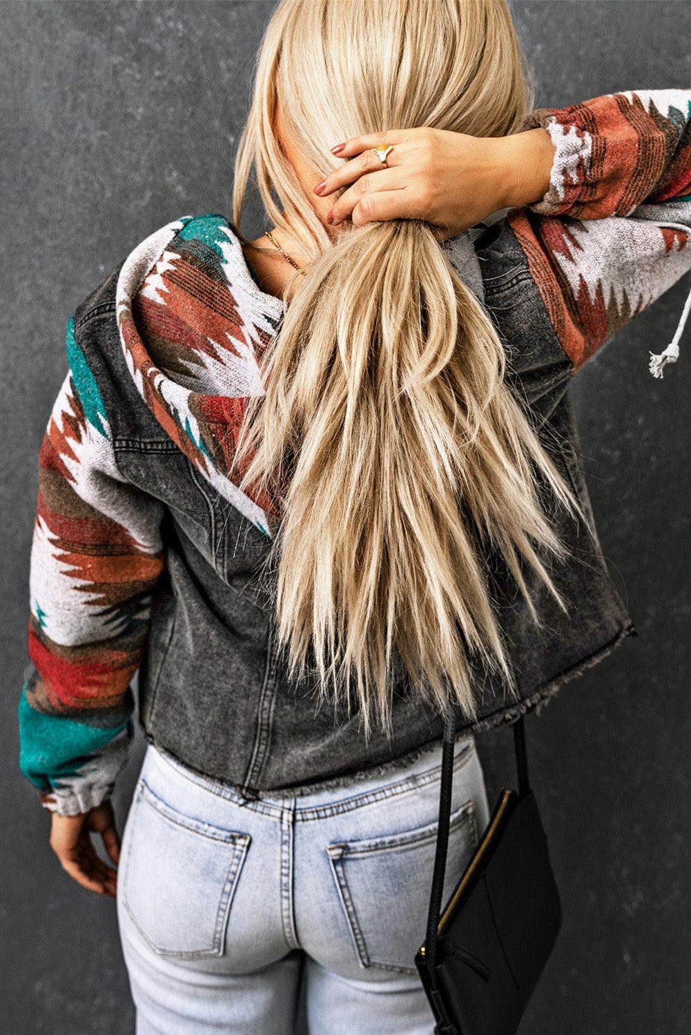 Drawstring Hooded Pocketed Denim Jacket for Women