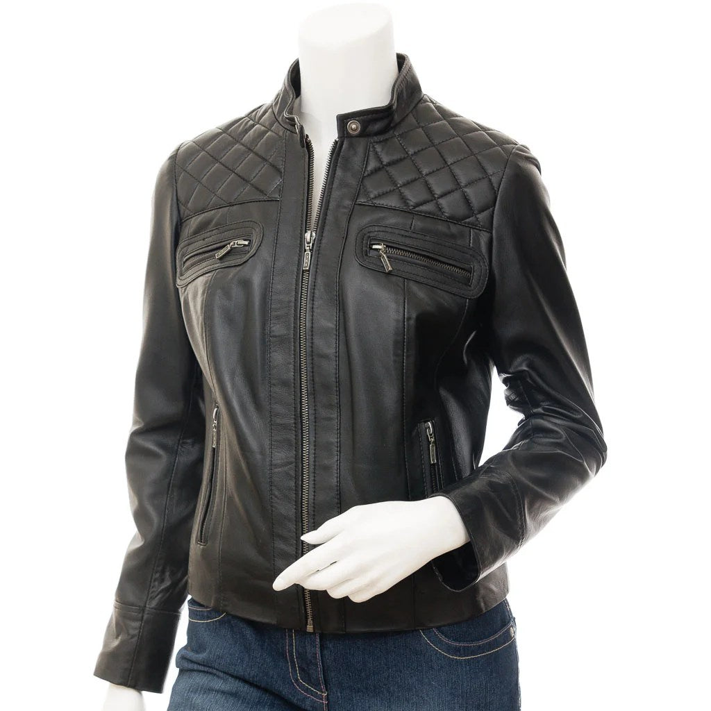 WOMEN BLACK BIKER LEATHER JACKET MEDLEY