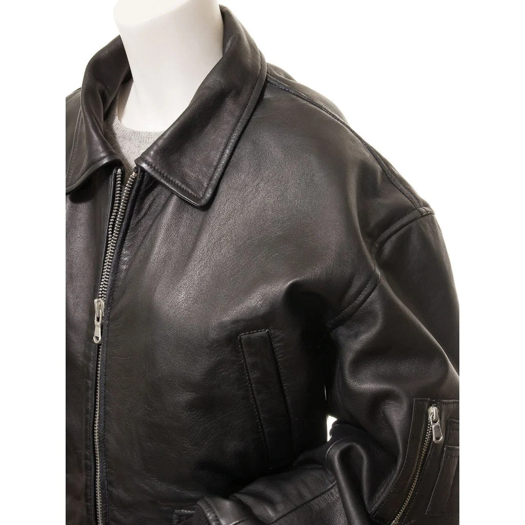 WOMEN BLACK LEATHER BOMBER JACKET NOMA