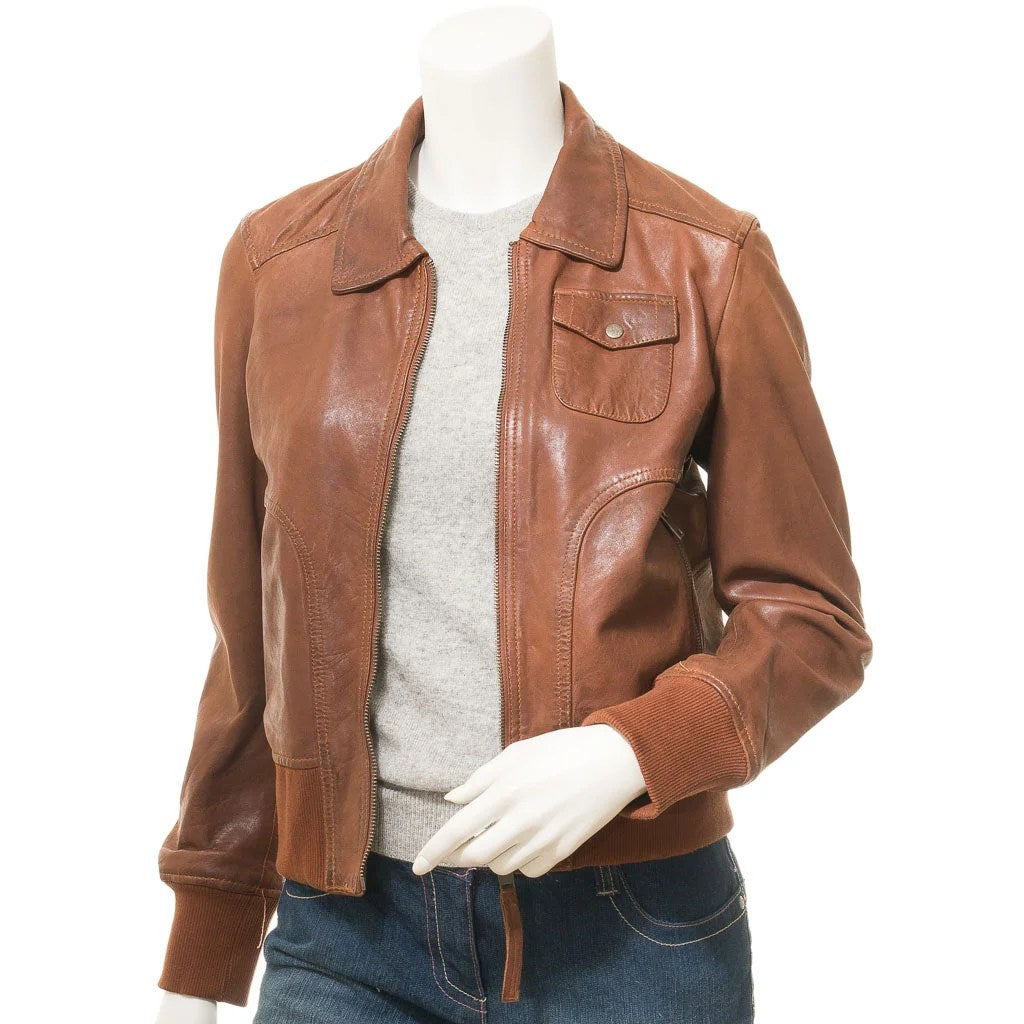 WOMEN TAN LEATHER BOMBER JACKET NICEVILLE