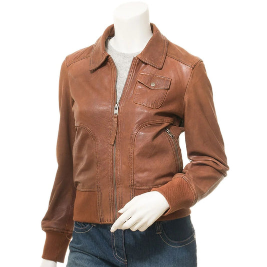 WOMEN TAN LEATHER BOMBER JACKET NICEVILLE