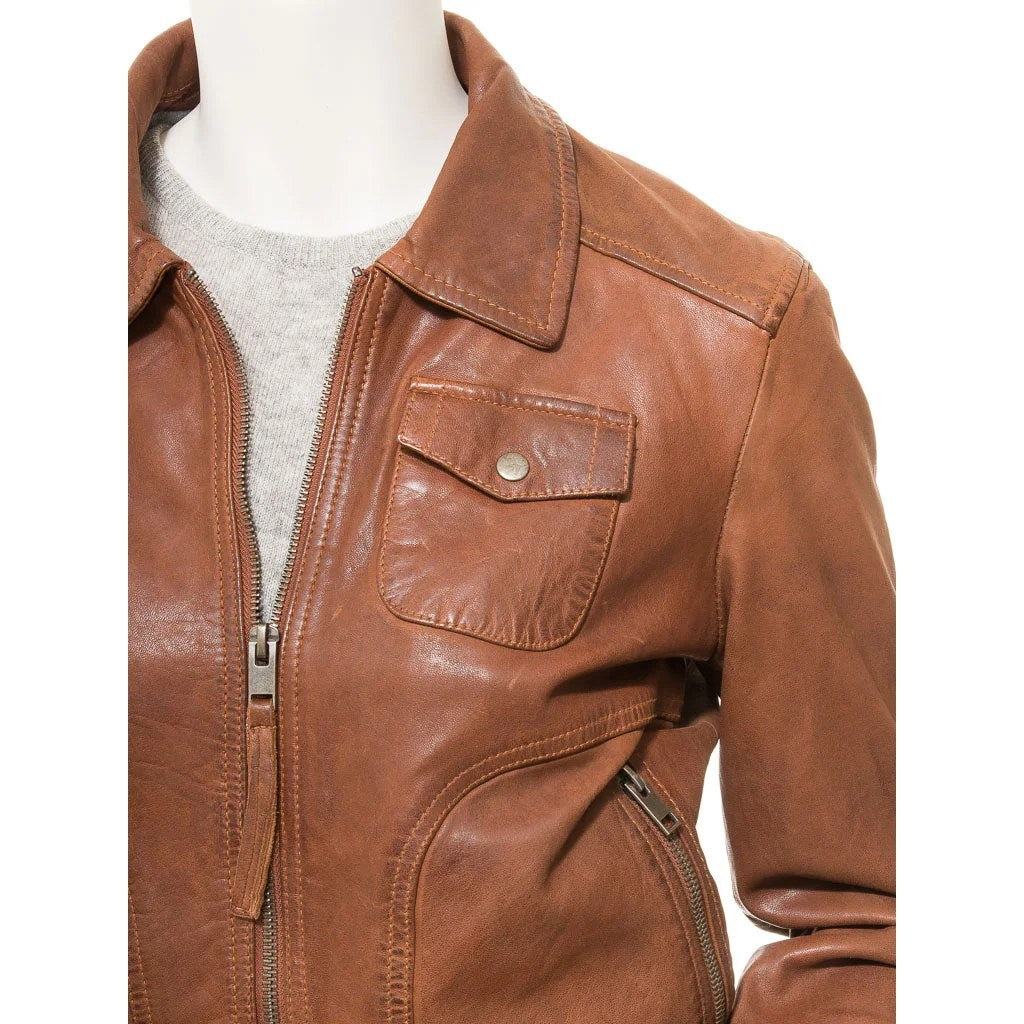 WOMEN TAN LEATHER BOMBER JACKET NICEVILLE
