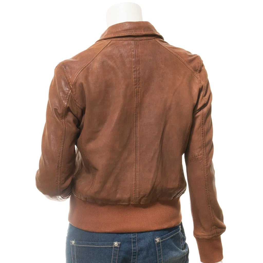 WOMEN TAN LEATHER BOMBER JACKET NICEVILLE