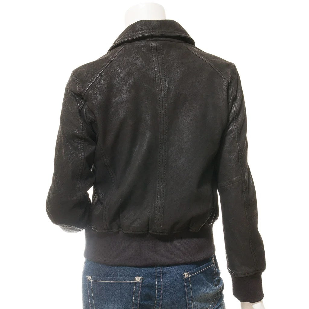 WOMEN BLACK LEATHER BOMBER JACKET NICEVILLE