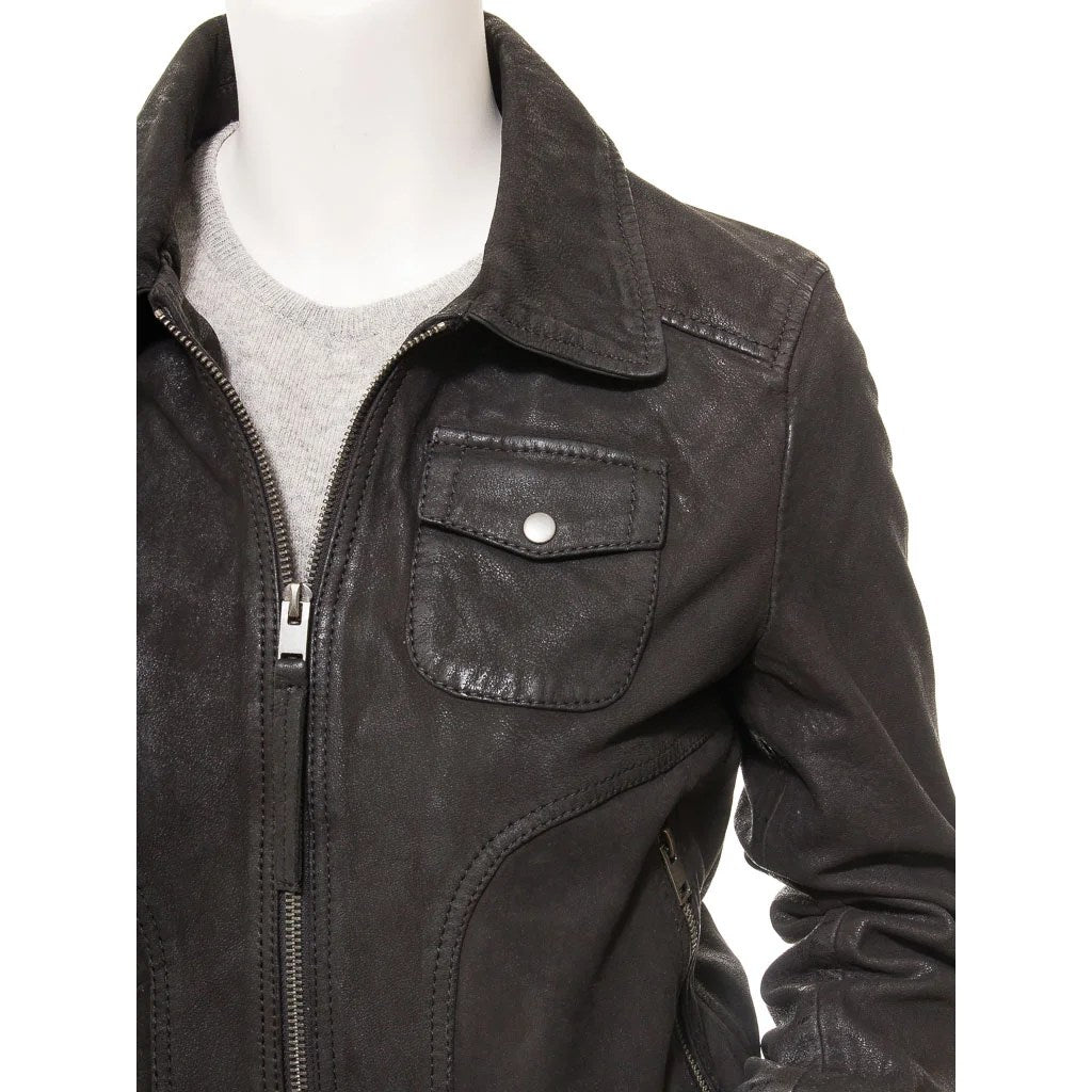 WOMEN BLACK LEATHER BOMBER JACKET NICEVILLE