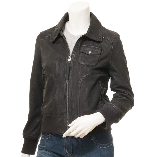 WOMEN BLACK LEATHER BOMBER JACKET NICEVILLE