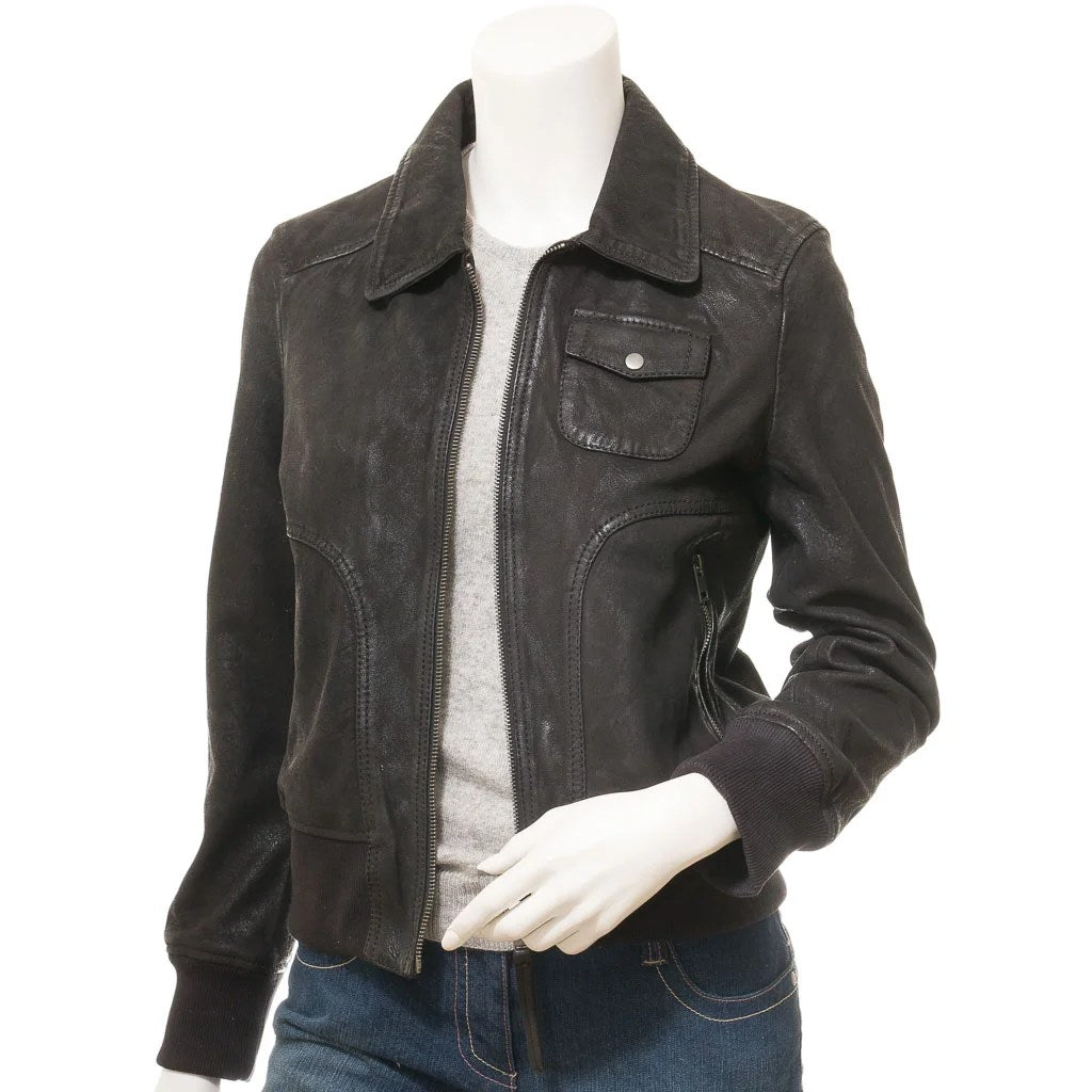 WOMEN BLACK LEATHER BOMBER JACKET NICEVILLE