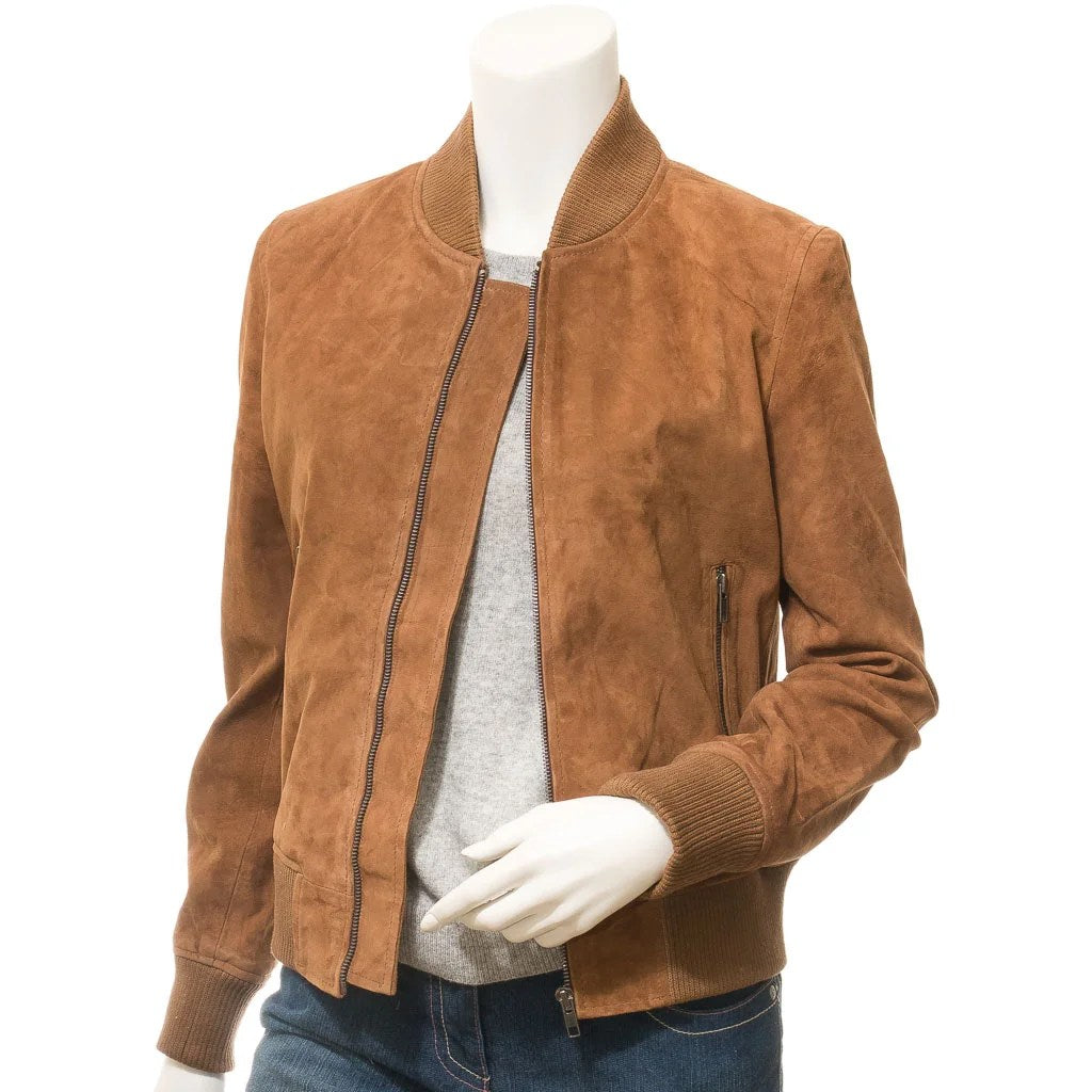 WOMEN TAN SUEDE BOMBER JACKET RAIFORD