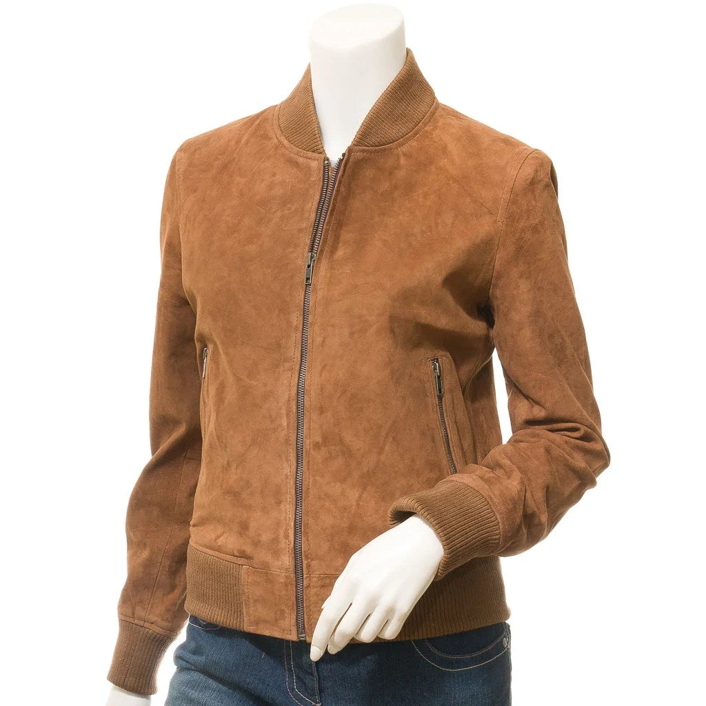 WOMEN TAN SUEDE BOMBER JACKET RAIFORD