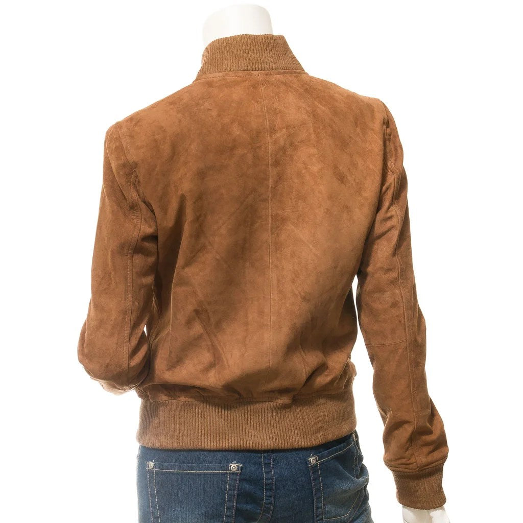 WOMEN TAN SUEDE BOMBER JACKET RAIFORD