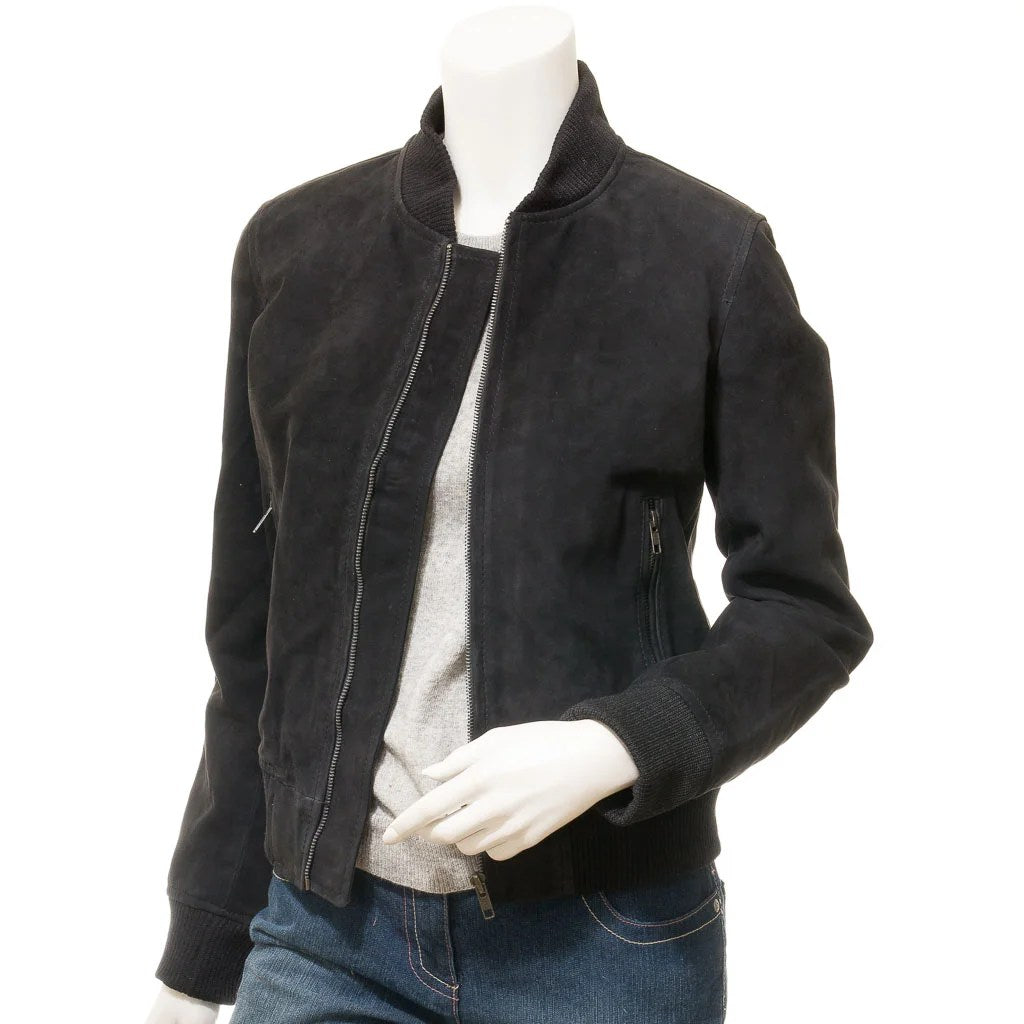WOMEN BLACK SUEDE BOMBER JACKET RAIFORD