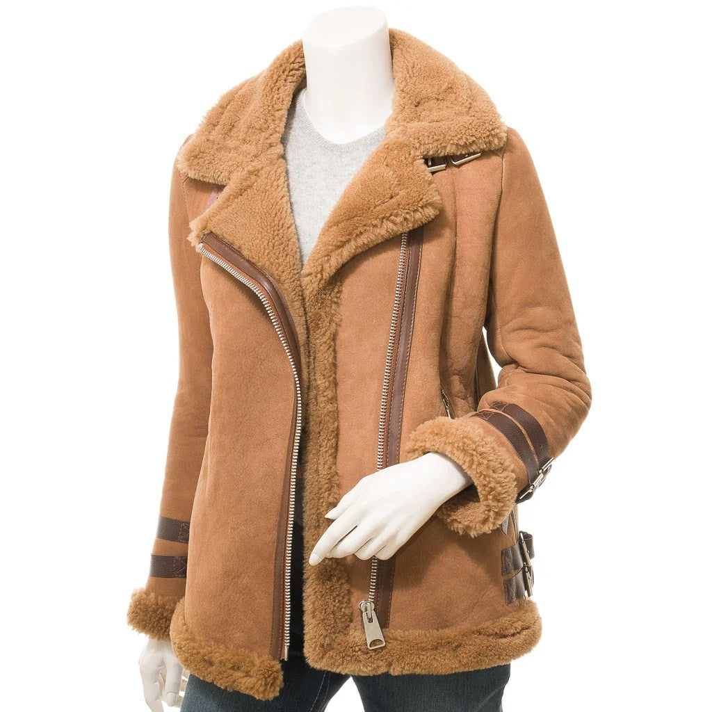 WOMEN TAN SHEEPSKIN BIKER JACKET FORNEY