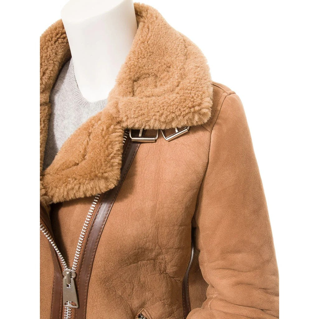 WOMEN TAN SHEEPSKIN BIKER JACKET FORNEY