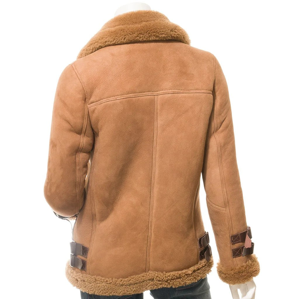 WOMEN TAN SHEEPSKIN BIKER JACKET FORNEY