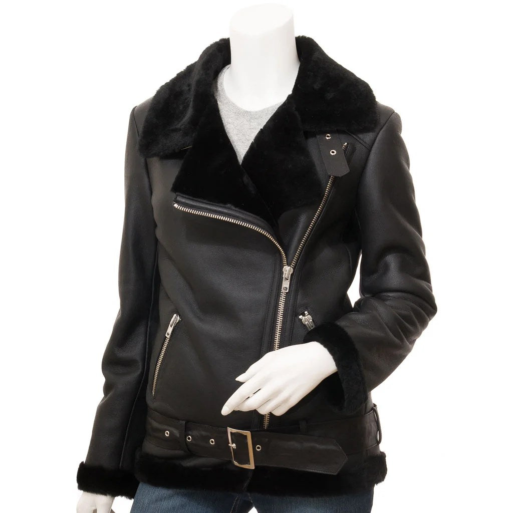 WOMEN BLACK SHEARLING BIKER JACKET COLLEYVILLE