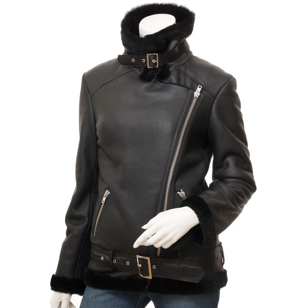 WOMEN BLACK SHEARLING BIKER JACKET COLLEYVILLE