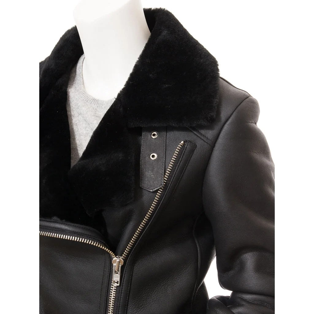 WOMEN BLACK SHEARLING BIKER JACKET COLLEYVILLE