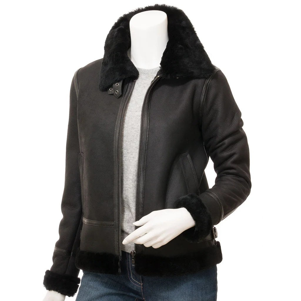 WOMEN BLACK SHEARLING BOMBER JACKET FATE