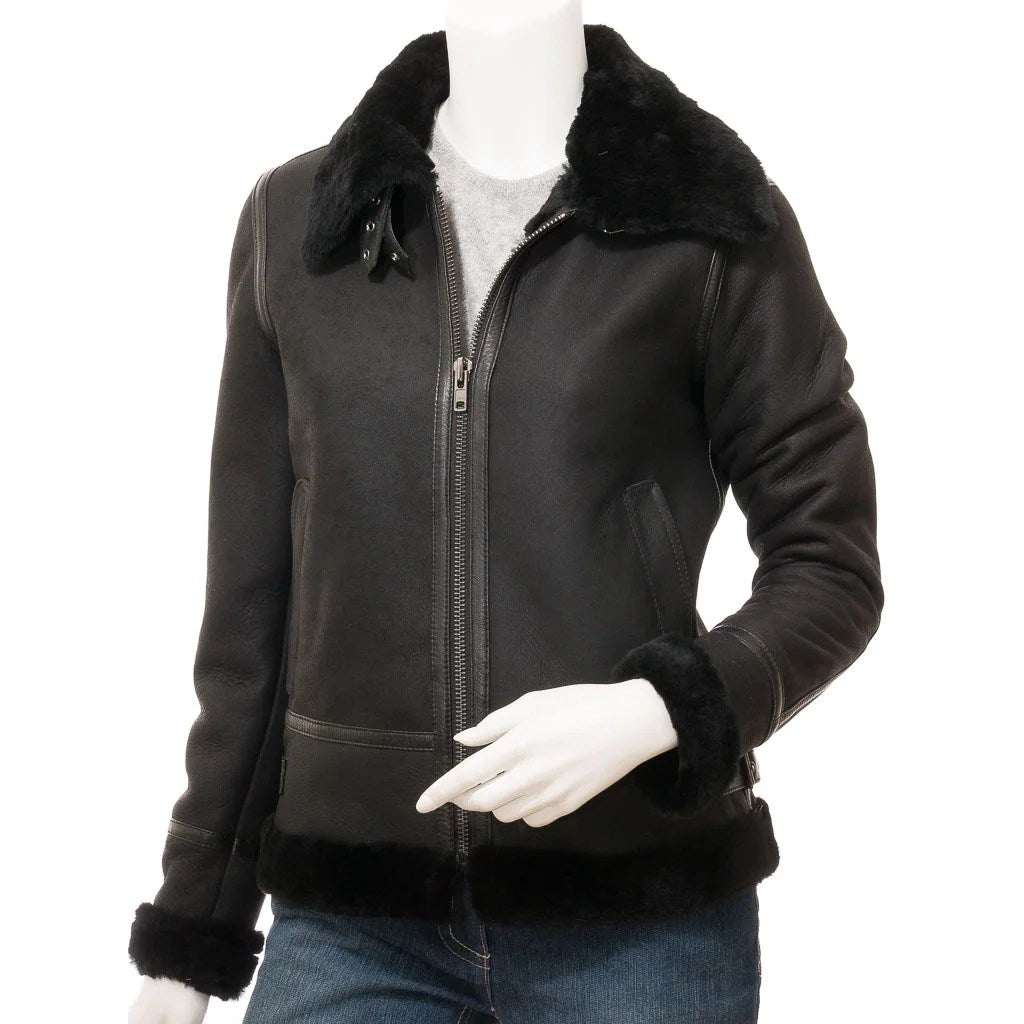 WOMEN BLACK SHEARLING BOMBER JACKET FATE