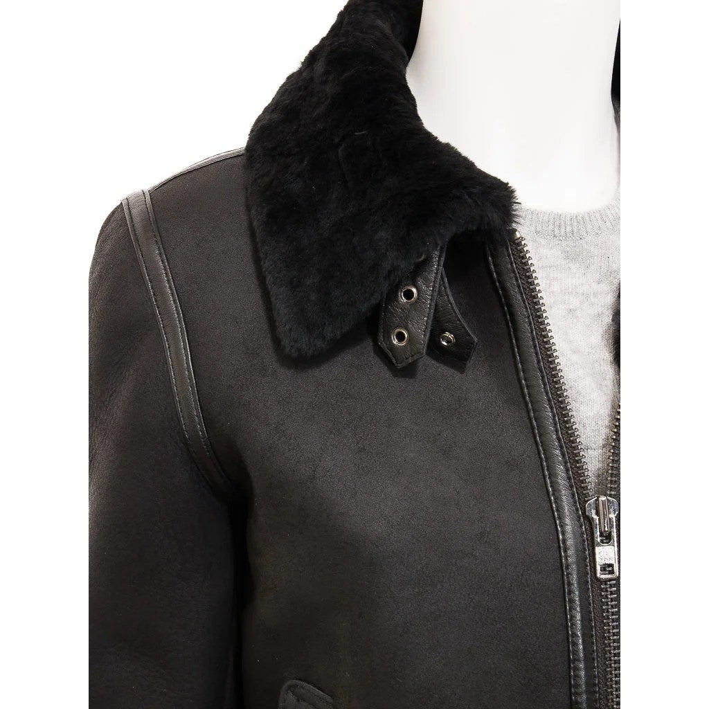 WOMEN BLACK SHEARLING BOMBER JACKET FATE