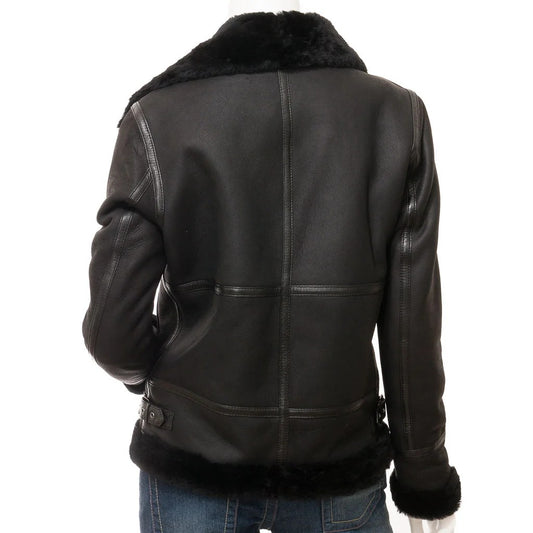 WOMEN BLACK SHEARLING BOMBER JACKET FATE