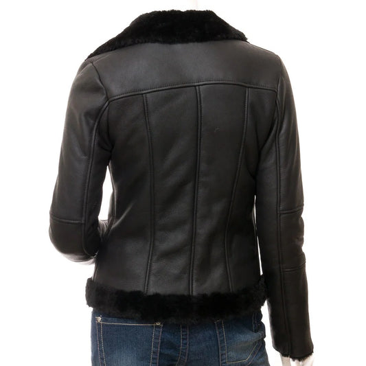 WOMEN BLACK SHEARLING BIKER JACKET CORINTH