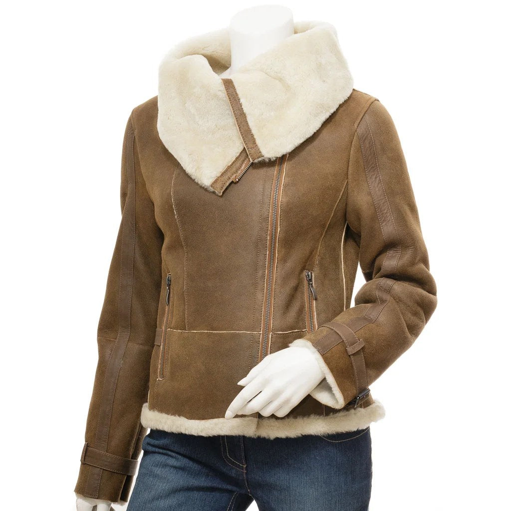 WOMEN TAN BIKER SHEEPSKIN LEATHER JACKET PROSPER