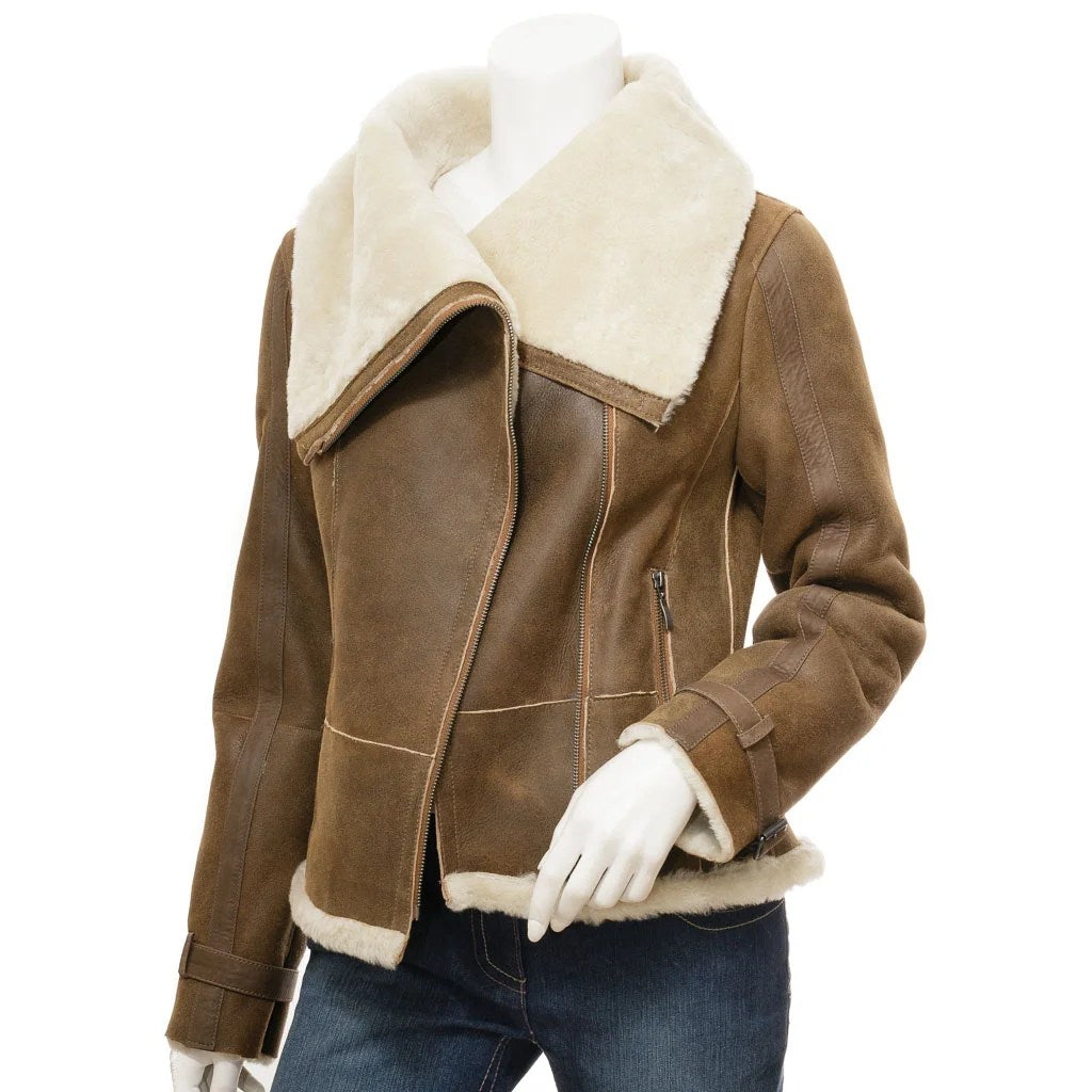 WOMEN TAN BIKER SHEEPSKIN LEATHER JACKET PROSPER