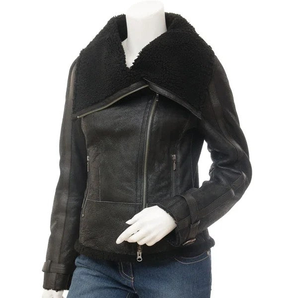 WOMEN BLACK BIKER SHEEPSKIN LEATHER JACKET PROSPER
