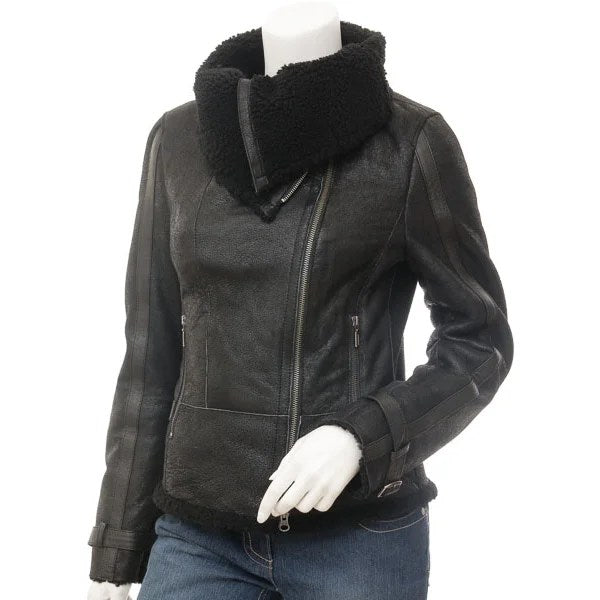 WOMEN BLACK BIKER SHEEPSKIN LEATHER JACKET PROSPER