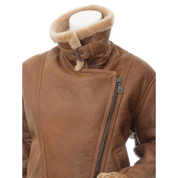 WOMEN TAN SHEEPSKIN AVIATOR JACKET ANGLETON
