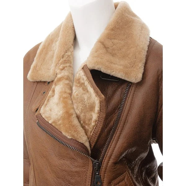WOMEN TAN SHEEPSKIN AVIATOR JACKET ANGLETON