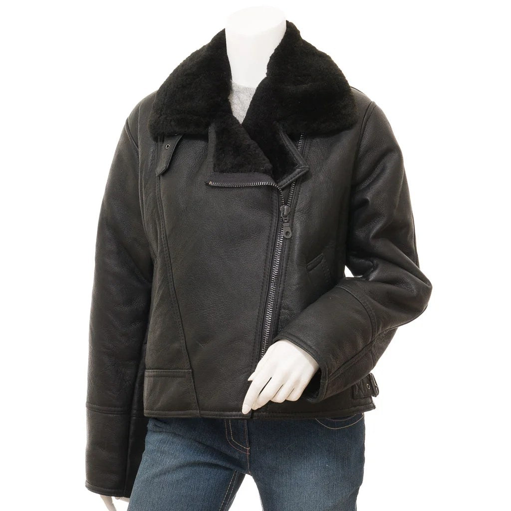 WOMEN BLACK SHEEPSKIN AVIATOR JACKET ANGLETON