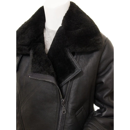 WOMEN BLACK SHEEPSKIN AVIATOR JACKET ANGLETON