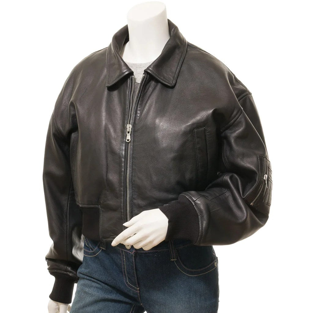 WOMEN BLACK LEATHER BOMBER JACKET NOMA