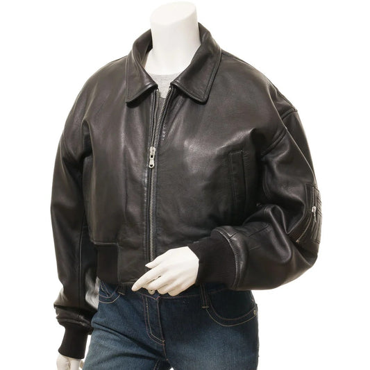 WOMEN BLACK LEATHER BOMBER JACKET NOMA