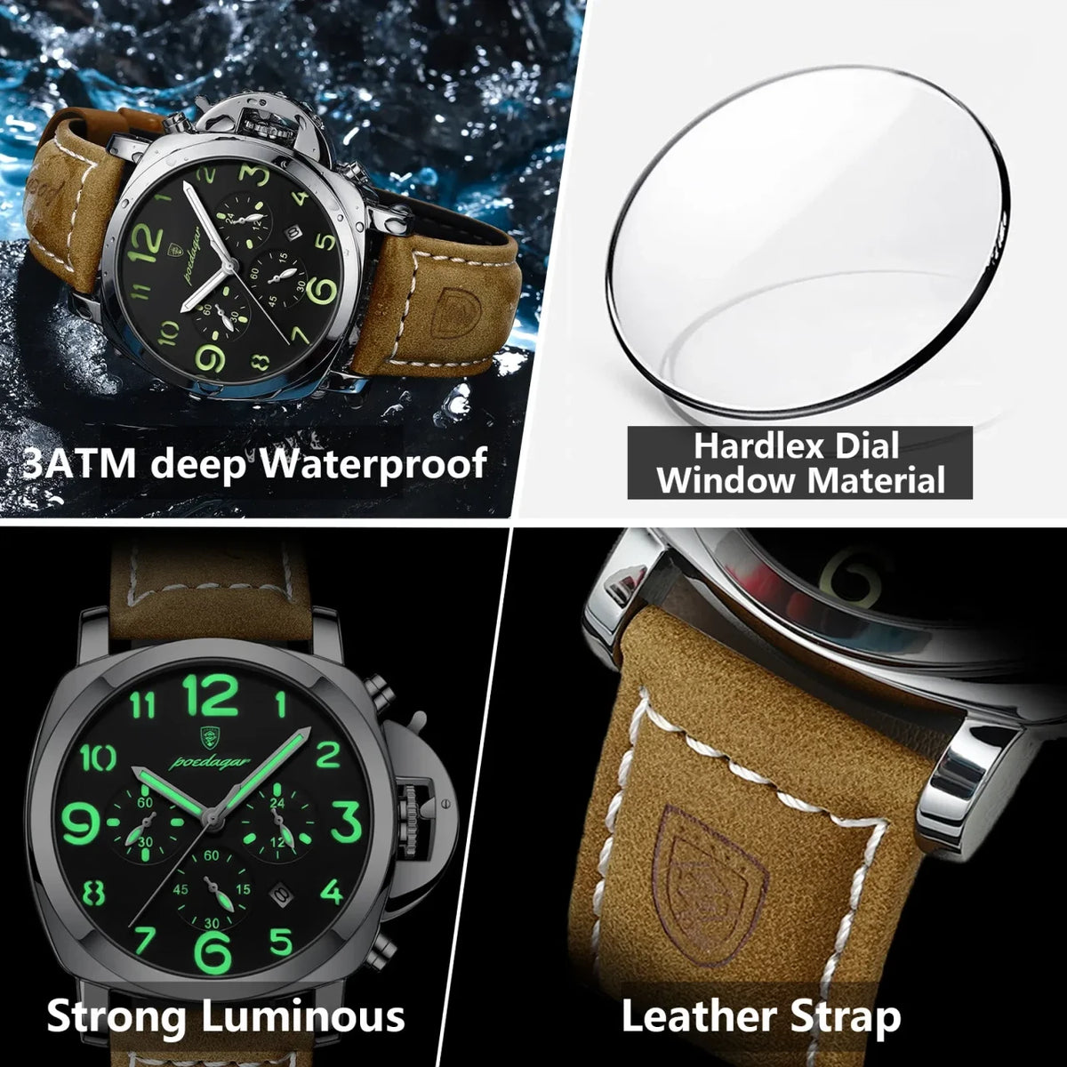 POEDAGAR Luxury Military Watch For Men Waterproof Luminous Leather Man Watch Quartz High Quality Me