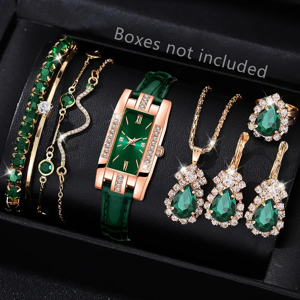 Green Women’s Quartz Watch Jewelry Gift Set