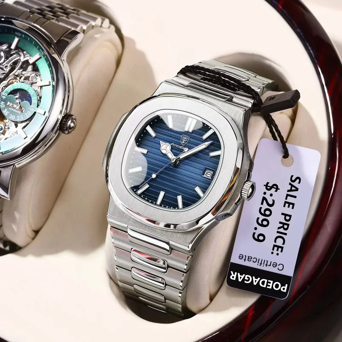 Watch for Men Stainless Steel Square Waterproof Quartz (Blue)