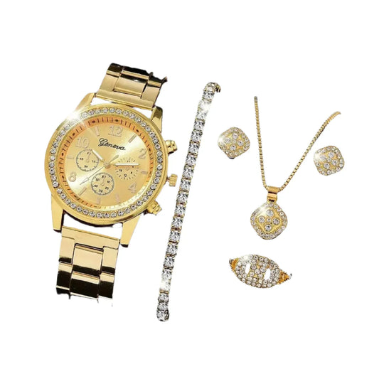 Womens Luxury Gold Watch Jewelry Set (5PCS)