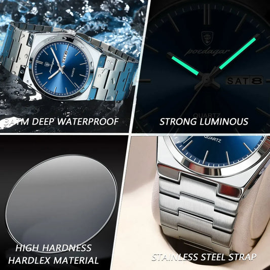 Color: Brown - POEDAGAR Luxury Watch For Man Waterproof Luminous Date Week Stainless Steel Men Watc