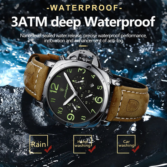 POEDAGAR Luxury Military Watch For Men Waterproof Luminous Leather Man Watch Quartz High Quality Me