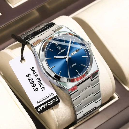 Color: Ivory - POEDAGAR Luxury Watch For Man Waterproof Luminous Date Week Stainless Steel Men Watc