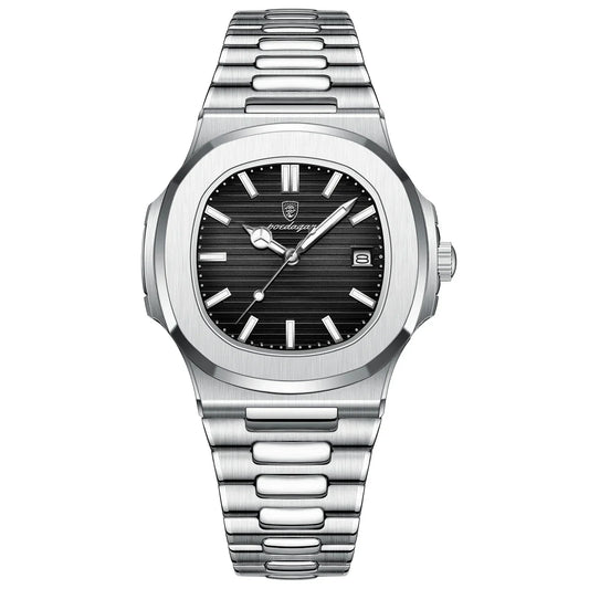 Watch for Men Stainless Steel Square Waterproof Quartz (Black)